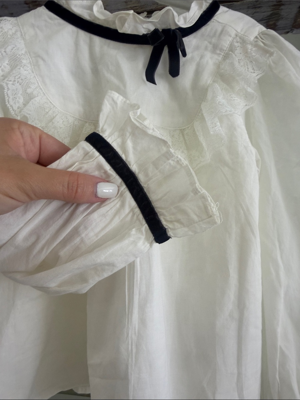 Janie and Jack White Ruffle Lace Blouse with Black Valvet Ribbon - Picture 3 of 4